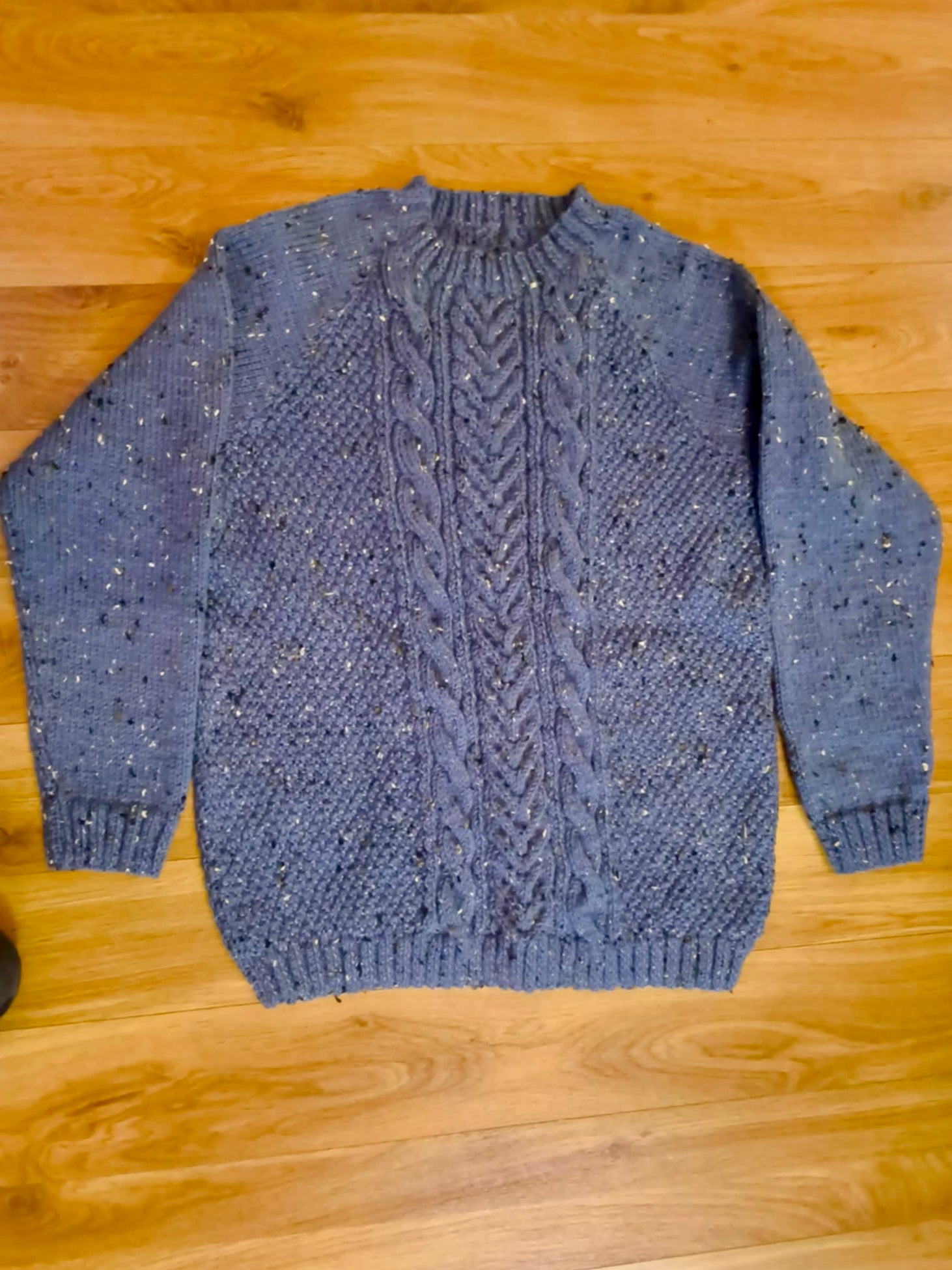 Hand-knit Aran sweater – navy speckles